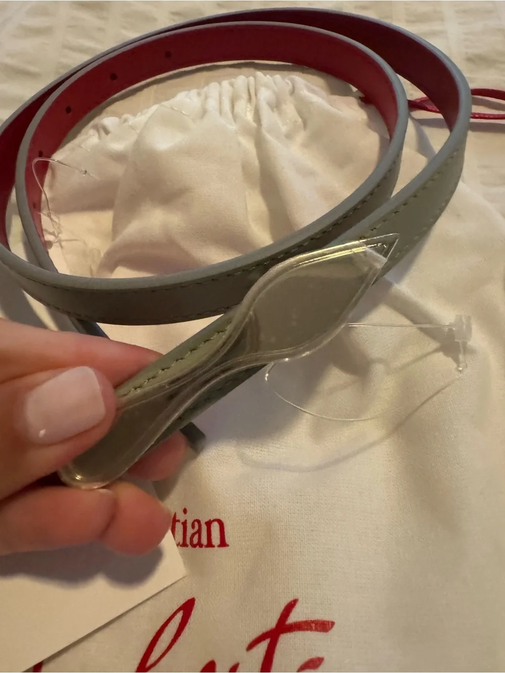 Christian Louboutin Olive Green Leather Belt with Red Interior and Gold Buckle